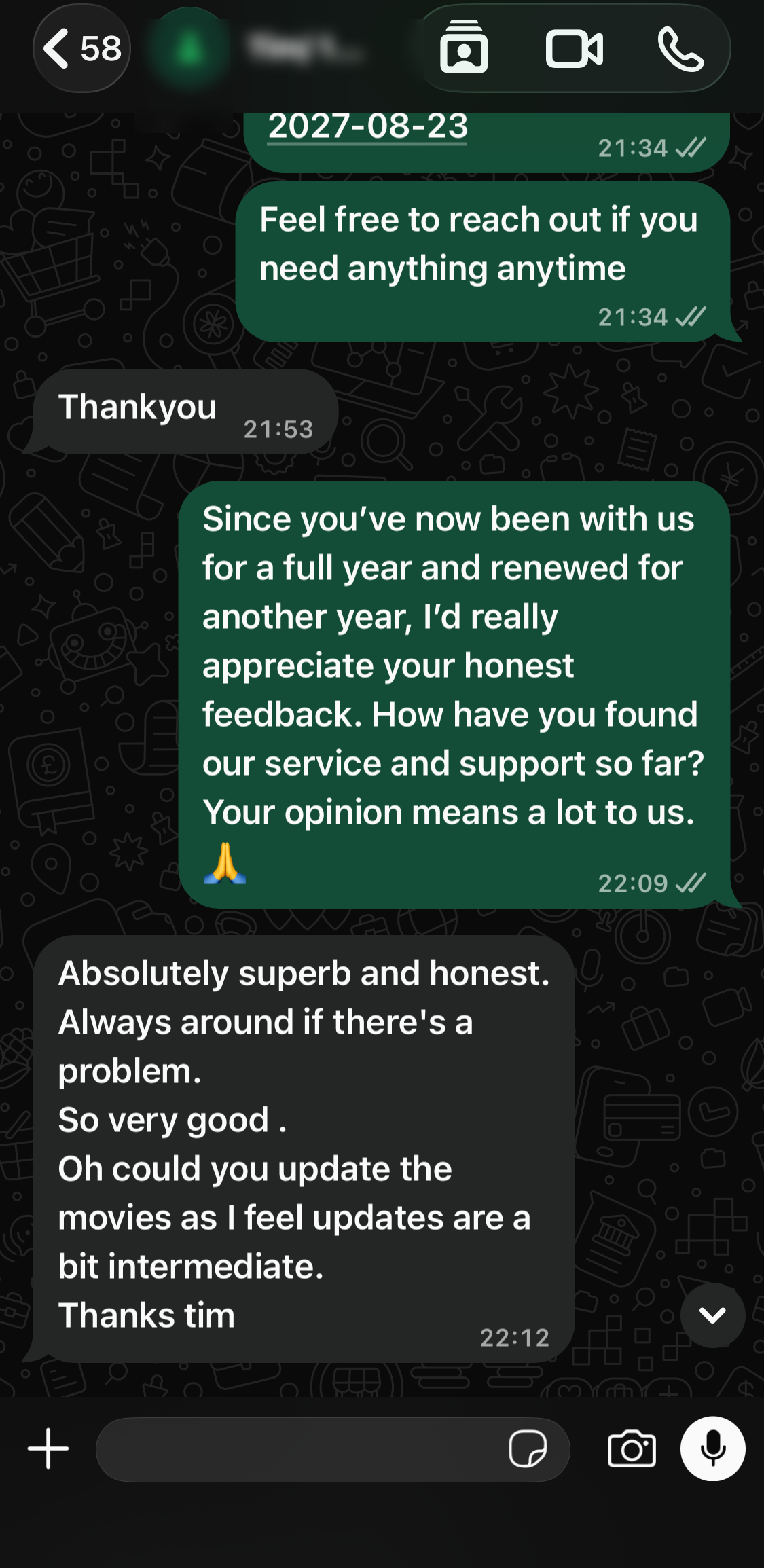 Customer WhatsApp feedback